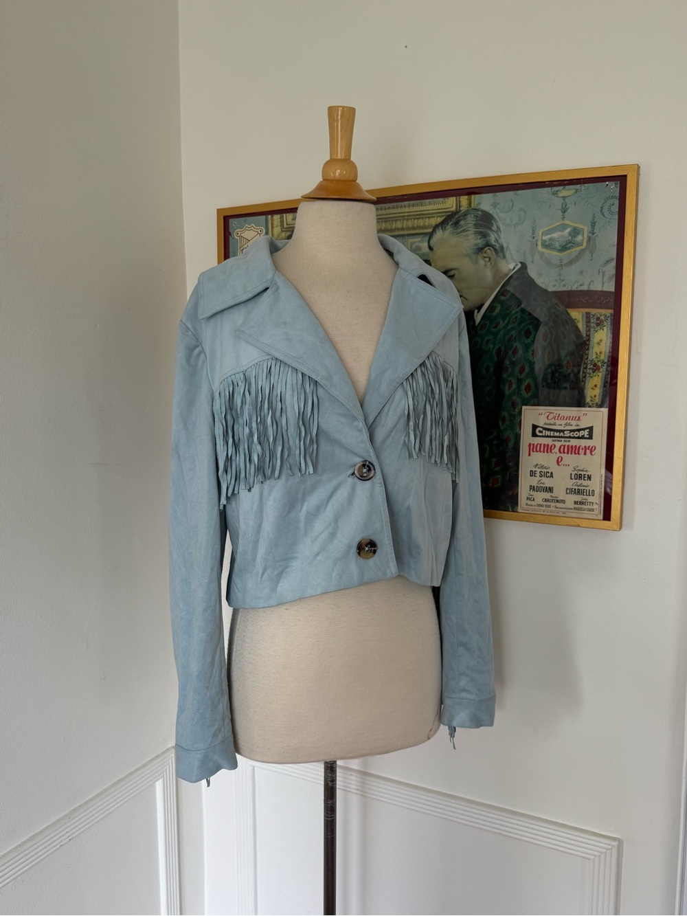 Fringed Light Blue Faux Suede Western Jacket